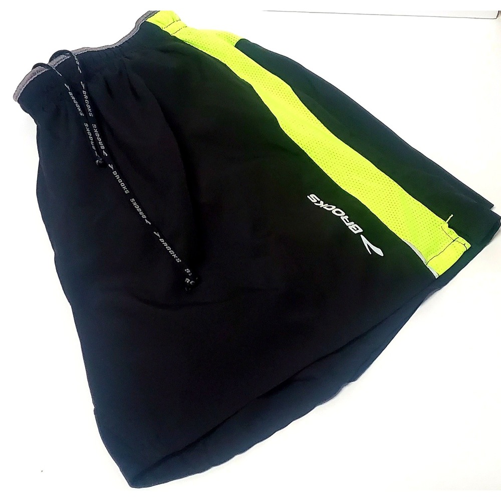 BROOKS Running Shorts Lined L Equilibrium TechnologyBlack/ Neon Green Mesh Draw